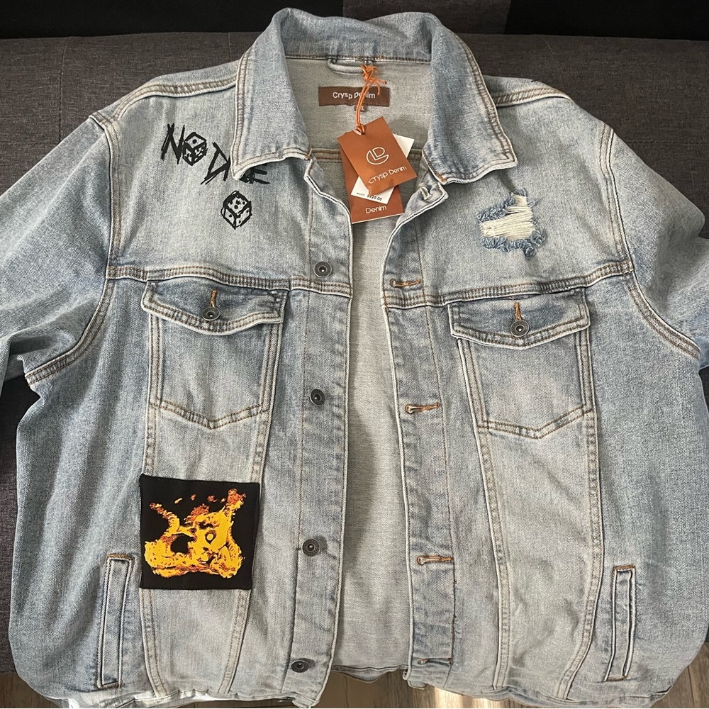 Mens Crysp denim Nowell Painted Denim Jacket (Light Indigo Painted) XXL